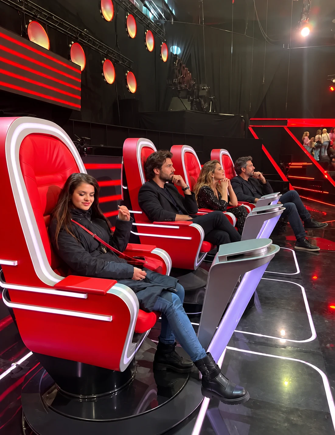 A girl and three judges in TV talent show chairs